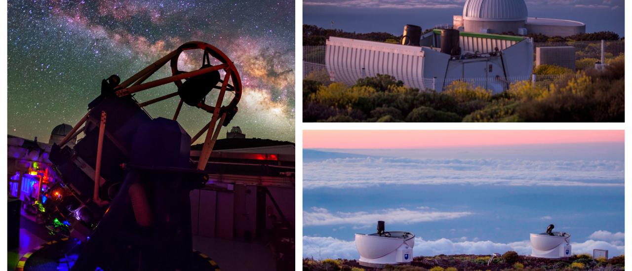 Telescopios robóticos disponibles en PETeR: Tel. Liverpool (en el ORM, La Palma), telescopios del Observatorio Las Cumbres y telescopios de la Open University (en el OT, Tenerife). Crédito: Daniel López / IAC