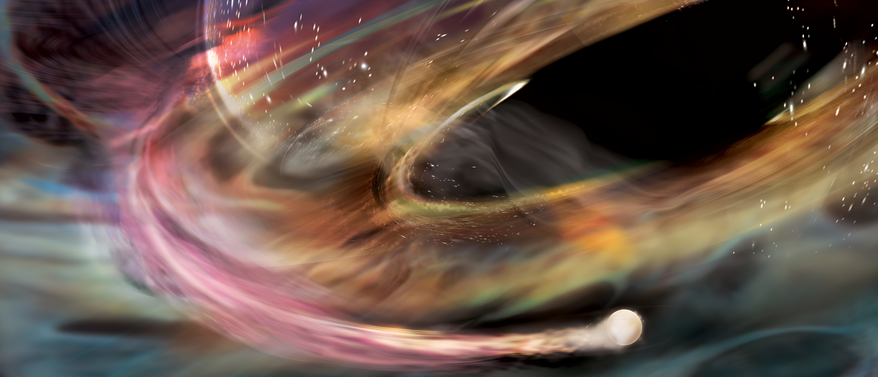 En esta representación artística, una corriente de materia sigue a una enana blanca (esfera inferior derecha) que orbita dentro del disco de acreción más interno que rodea al agujero negro supermasivo de 1ES 1927.Crédito: NASA/Aurore Simonnet, Sonoma State University 