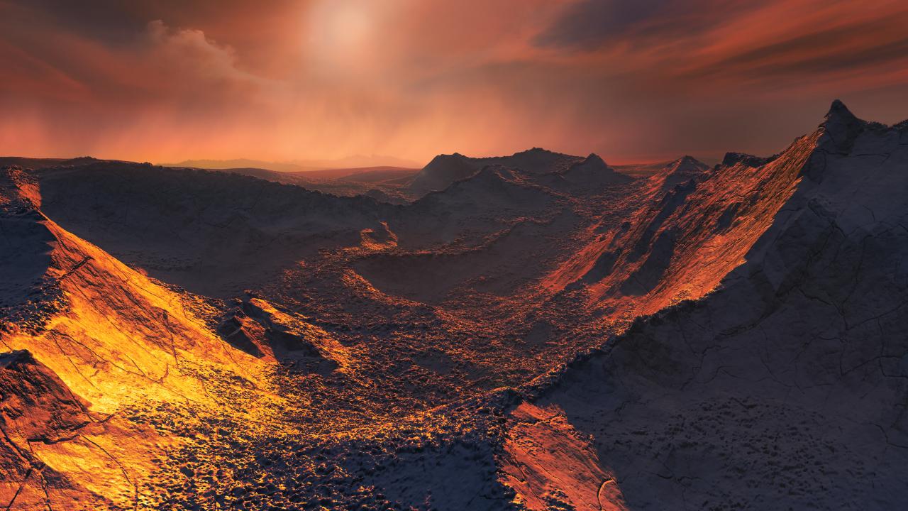 Artist’s impression of Barnard’s Star planet under the orange tinted light from the star. Credit: IEEC/Science-Wave – Guillem Ramisa. Licence: Creative Commons with Attribution, https://creativecommons.org/licenses/by/4.0/ 