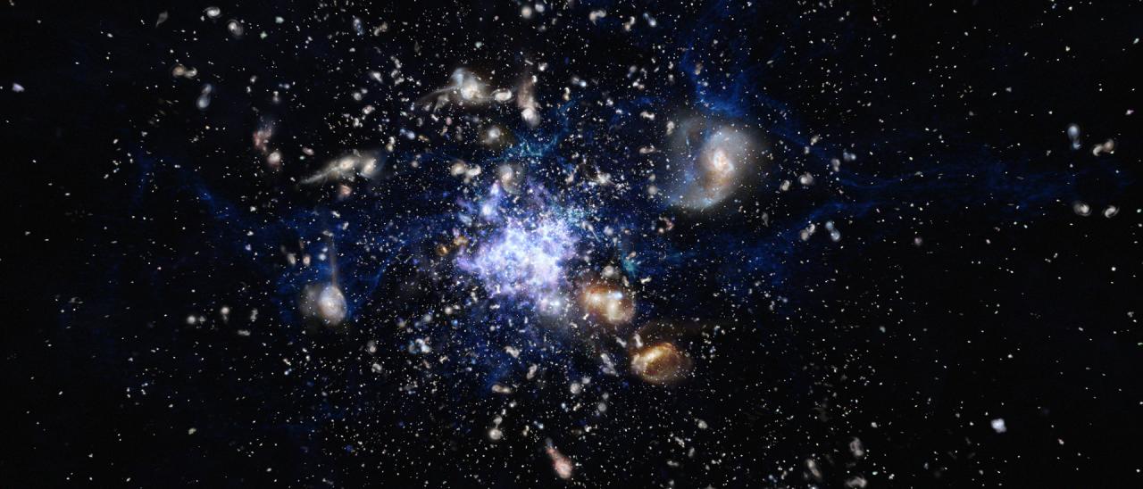 Recreación artística de un protocúmulo de galaxias en el Universo primitivo