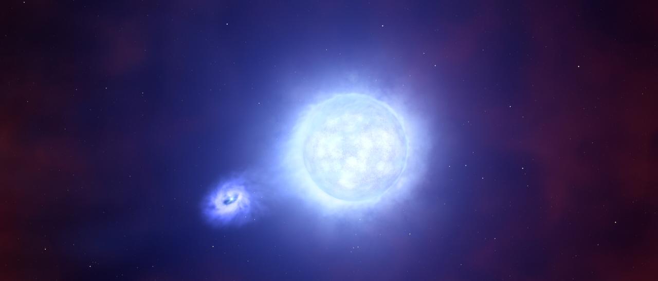 Recreación artística de un sistema binario en el que una estrella compacta roba materia de su compañera. Crédito: ESO/L. Calçada
