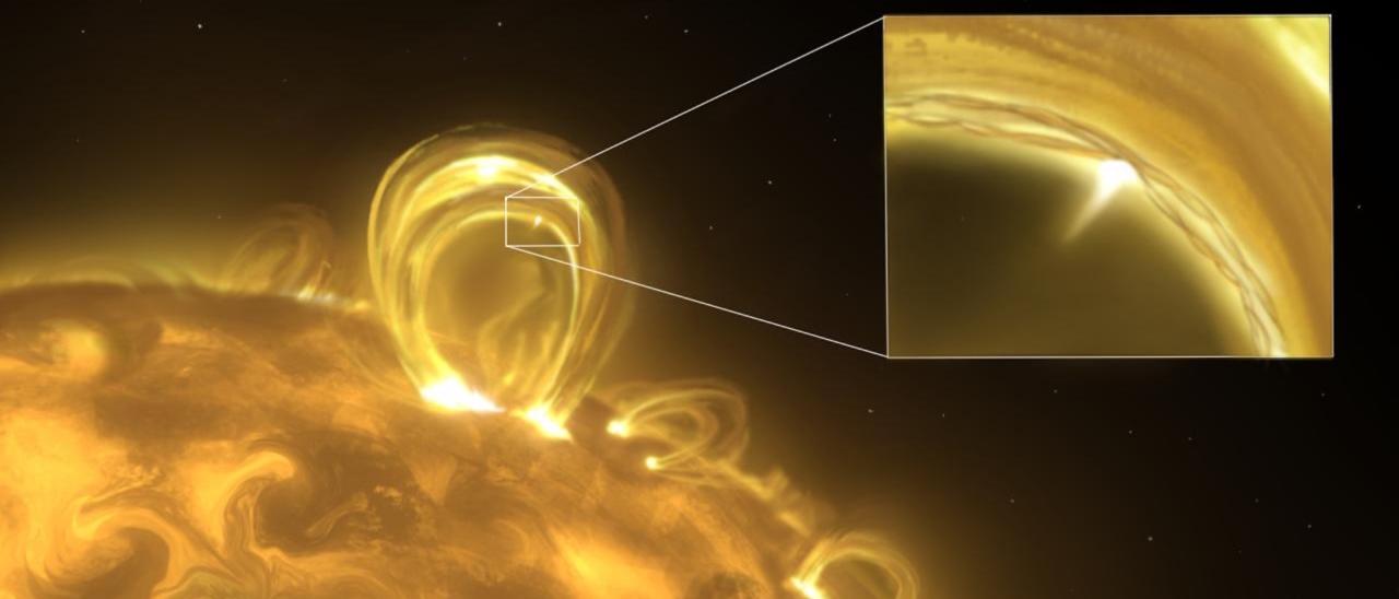An artistic impression of a nanojet ejection triggered by the interaction of two magnetic flux ropes within a coronal loop in the Sun’s atmosphere. 