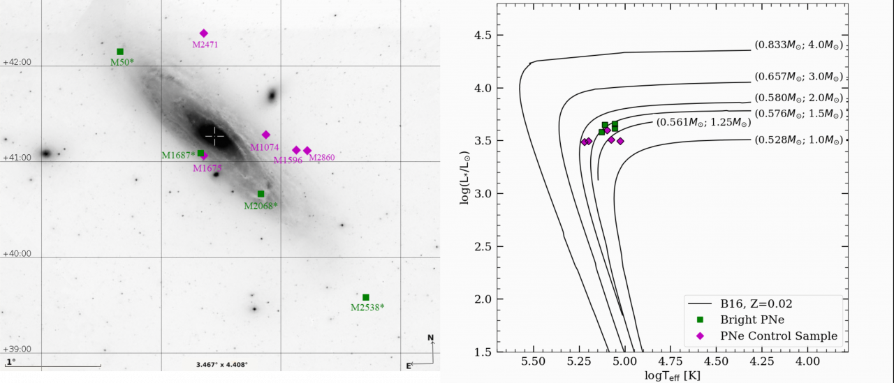 (Left) Location of target PNe on an image of the Andromeda galaxy (M31). (Right) Hertzsprung-Russell diagram showing the location of PNe central stars and the theoretical model tracks. The final and corresponding initial masses are indicated on the tracks. Note the remarkable clustering of the brightest PNe central stars (green squares) on the 1.5 Msun track.