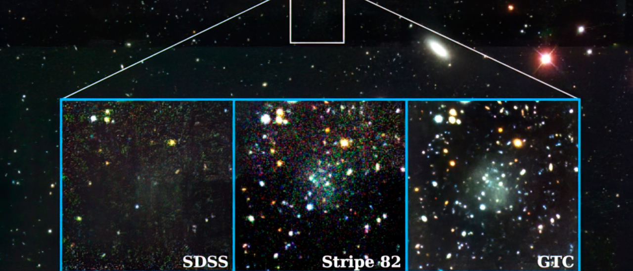 Imágen de la galaxia Nube a través de distintos telescopios. Crédito: SDSS/GTC/IAC