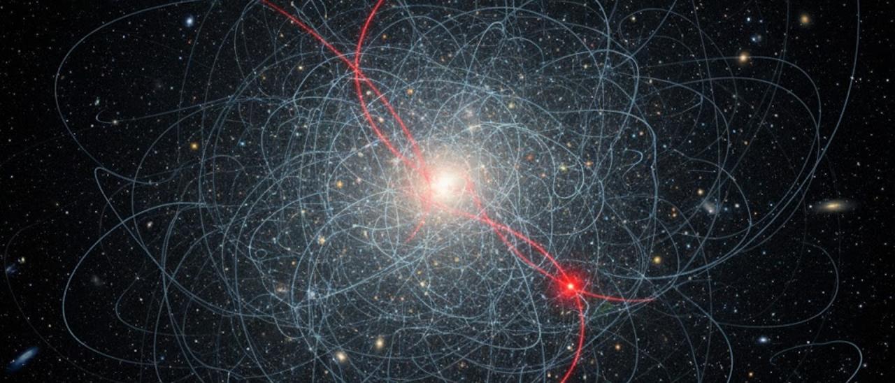 Artistic impression of collisions between dark matter particles. One collision per particle every 10 billion years explains the distribution of dark matter in ultra-faint dwarf galaxies.