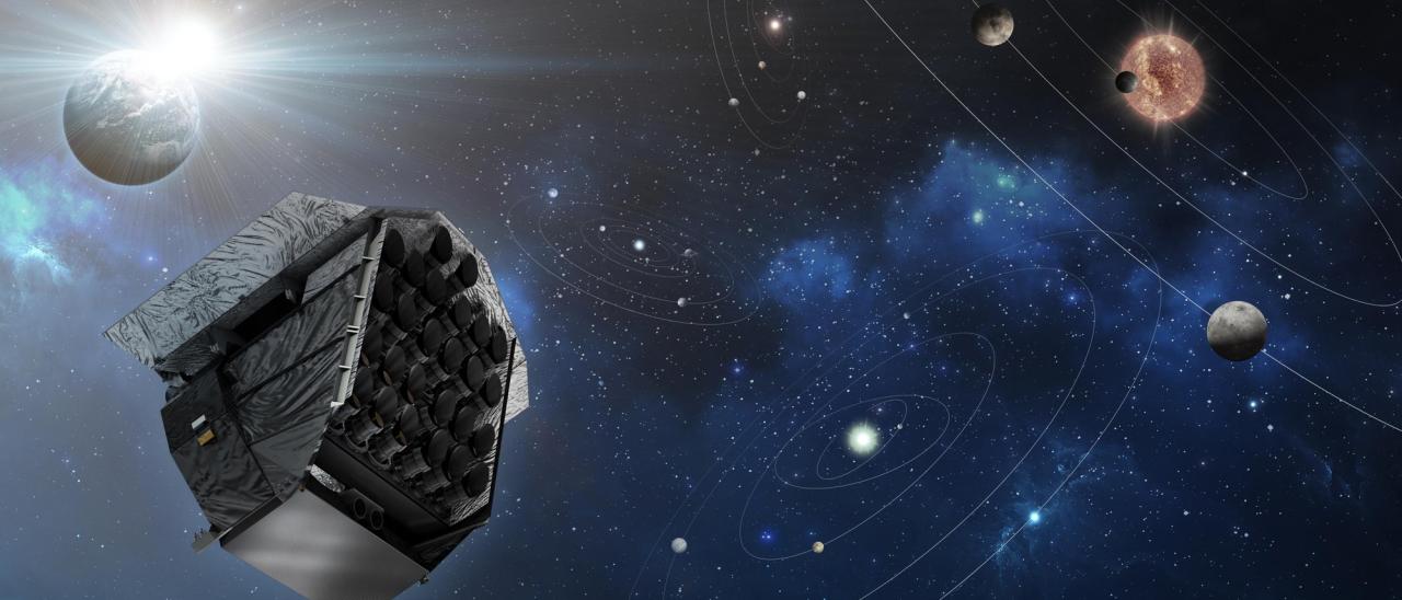 An artist's impression of PLATO, a European mission that will search for Earth-sized exoplanets orbiting neighbouring stars from 2026 onwards. 