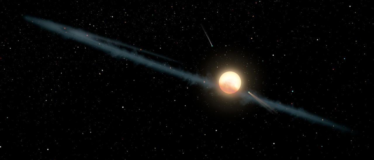 Artist’s impression of a dust ring and several objects similar to giant comets orbiting around KIC 8462852. Credit: NASA / JPL-Caltech. 