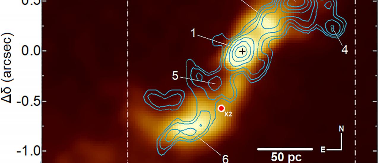 Imagen de la región más interna de ESO428-G14 en la línea de [SiVI] solapada con la emisión del jet (contornos en azul) en radio. Los números 1 a 6 denotan las regiones donde la emisión del jet es más intensa. La región 1 coincide con la posición del AGN. Crédito: D.May et al.