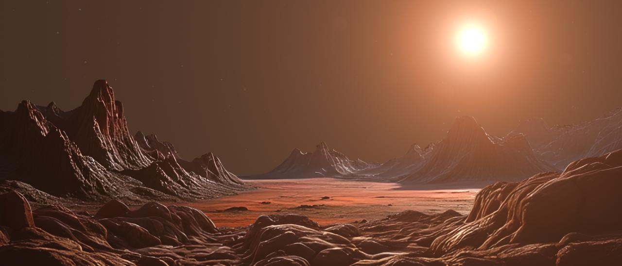 Recreación del paisaje del exoplaneta Barnard b orbitando su estrella / Gabriel Pérez (IAC)