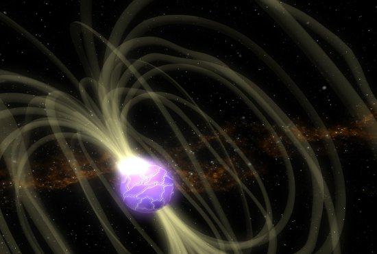Artistic representation of a magnetar. The energy stored in its ultra-strong magnetic field is relased as burst of gamma-rays, escaping from fractured produced in the stellar crust by the field itself.Credit: Conceptual images Lab, Goddard Space Center, N