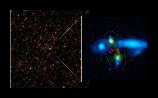 Merging galaxies in the young Universe discovered with Herschel. This image shows the source HXMM01, which was discovered in a survey from ESA's Herschel Space Observatory and comprises a pair of massive and gas-rich galaxies in the process of merging. Th