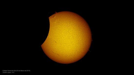 Halpha image of the partial solar eclipse of March 20, 2015. The image was obtained with one of the telescopes used in the IAC SolarLab project, from Granadilla (Tenerife). Credits: Daniel López / IAC.