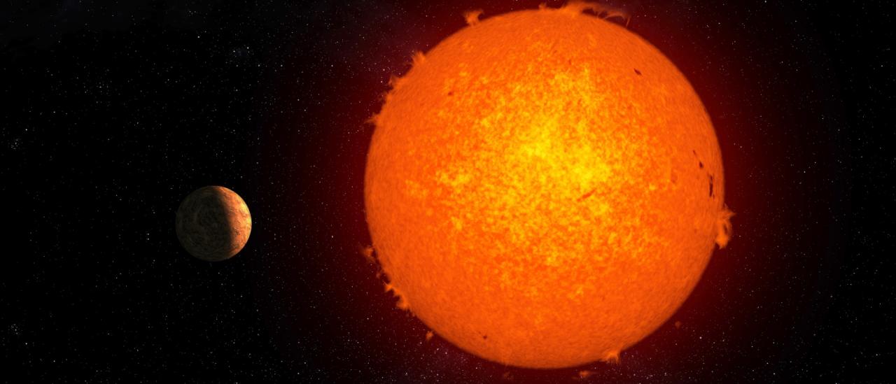 Representación artística del exoplaneta rocoso Próxima b orbitando su estrella, Próxima Centauri.