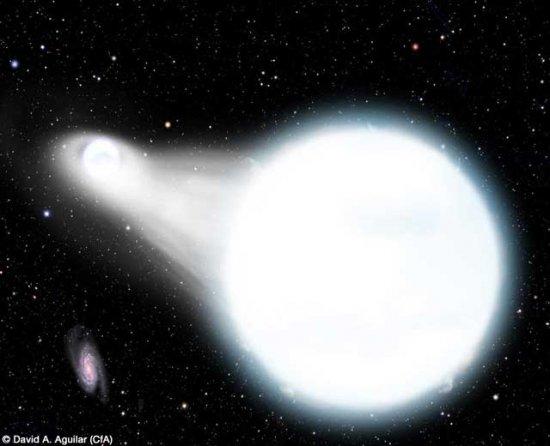 The discovery of two white dwarfs that will soon merge will allow scientist to test Eintein's General Relativity. As depicted in this artist's impression,  mass will flow from one of the white dwarfs to the other in less than a million years, and the syst