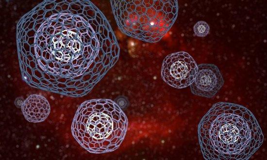 Artist's impression of complex fullerenes (carbon onions or multishell fullerenes such as C60@C240 and C60@C240@C540) produced by a planetary nebula and expelled into the interstellar medium. The connection between these molecules and certain diffuse inte