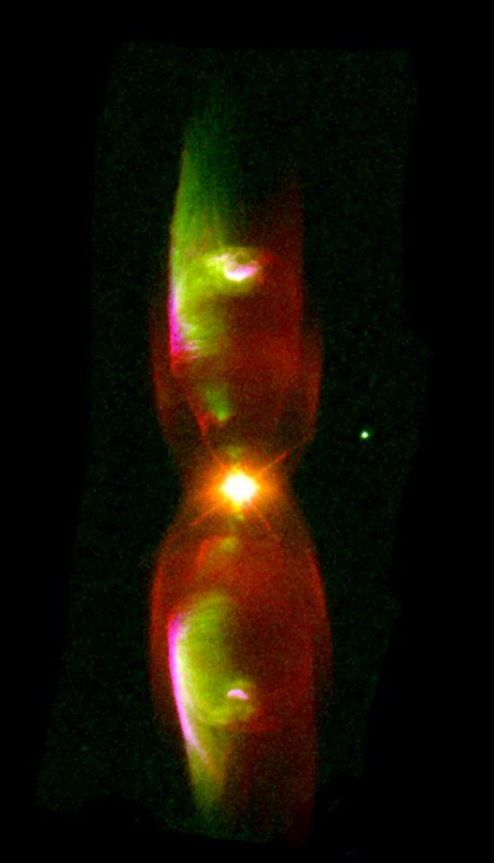 HST image of the Butterfly nebula obtained by the authors on 1997. Red is Halpha+[NII], green is [OIII].