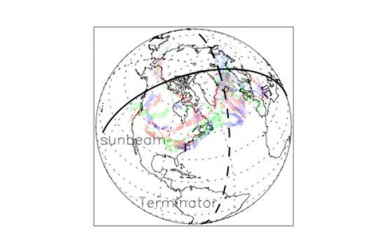 Footnote: Projected mid-section trajectory of the sunbeam that reaches the lunar disk targeted by the telescope at 21:36UT on 16 August 2008. Overplotted, the SO2 cloud (a usual volcanic cloud tracer) on 15, 16 and 17 August (red, green and blue, respecti