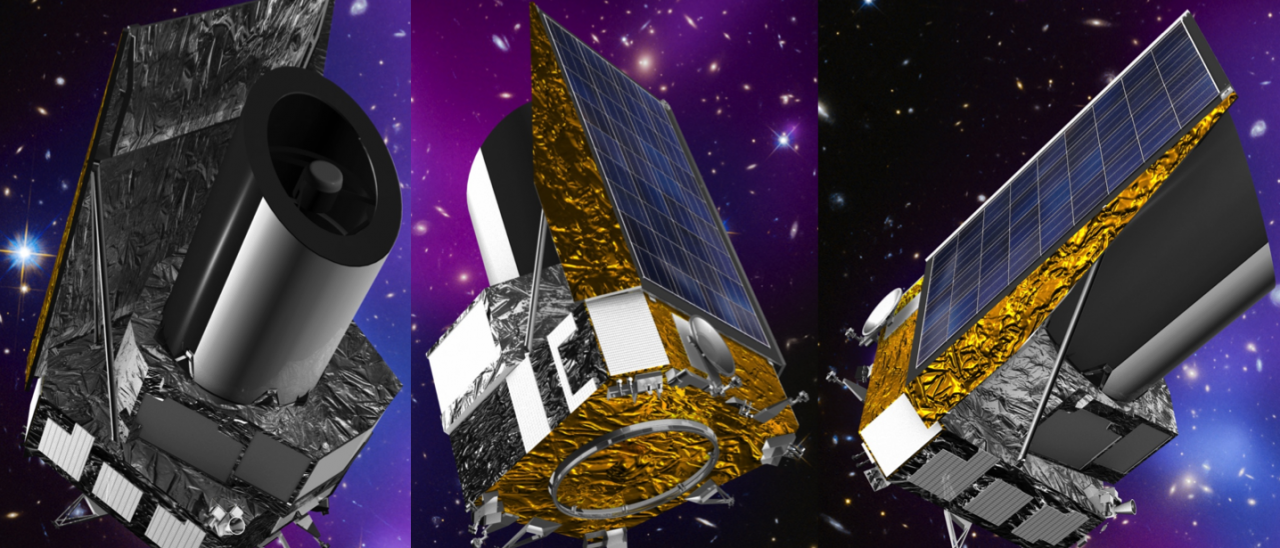 Tres fotos del Instrumento con fondos de galaxias en distintos vistas