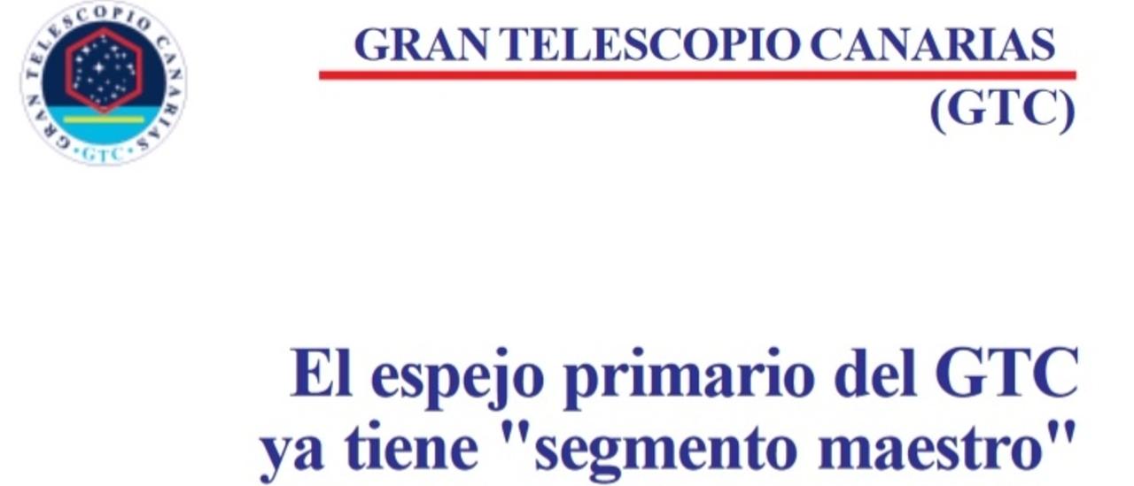 Portada "Gran Telescopio Canarias (GTC). El espejo primario del GTC ya tiene "segmento maestro""