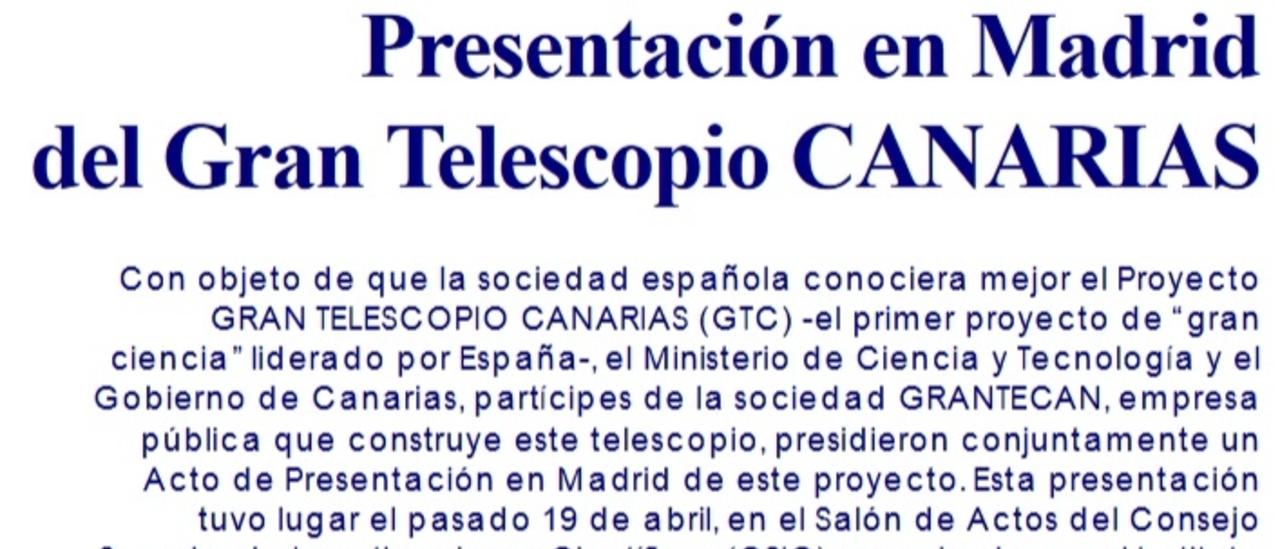 Cover Gran Telescopio Canarias (GTC). Presentation in Madrid of the Gran Telescopio CANARIAS