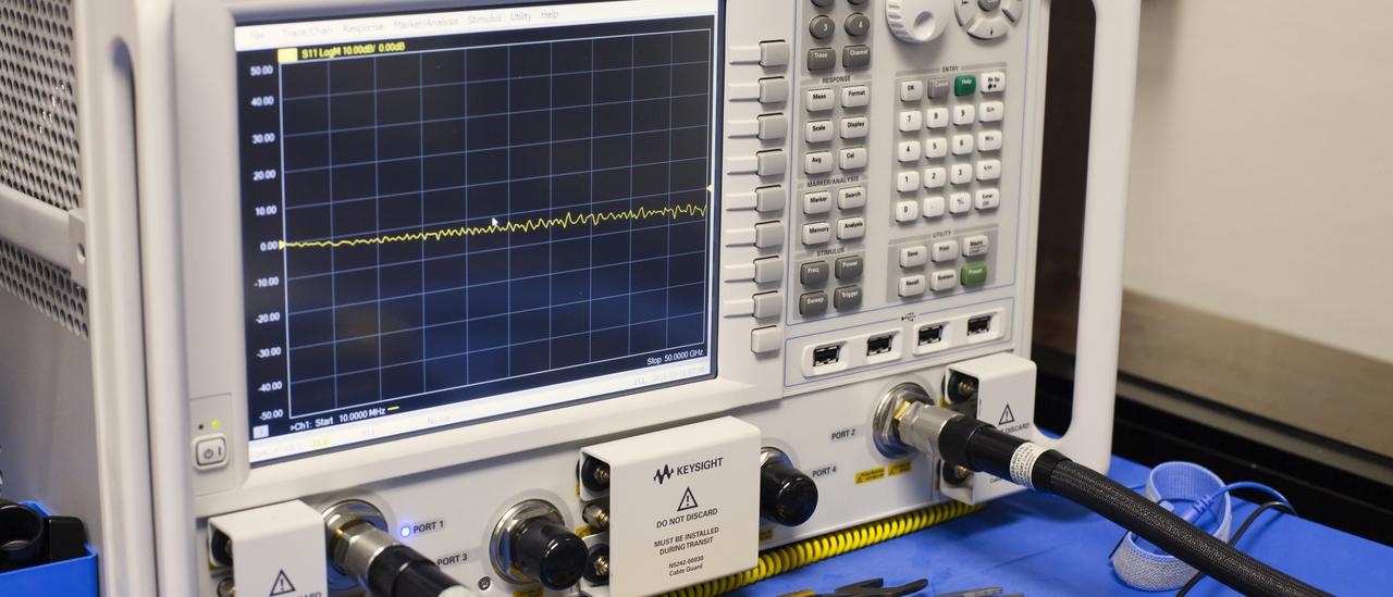 View of the Vector network analyser. Electronic device with a keyboard, buttons and a graphics screen