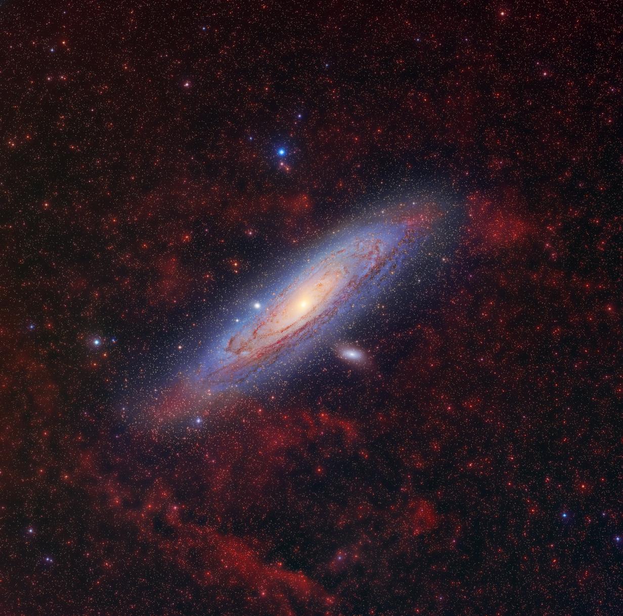 Andromeda Spiral Galaxy (M31) and Satellite Galaxies (M110 and M32)