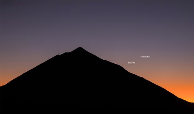 Mercurio y Saturno tras la puesta de Sol con el Teide 