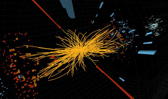 Experimento de física de partículas en el CERN (Organización Europea para la Investigación Nuclear): colisión de protones medida por el experimento CMS (Compact Muon Solenoid), candidata a la producción de 1 Higgs.