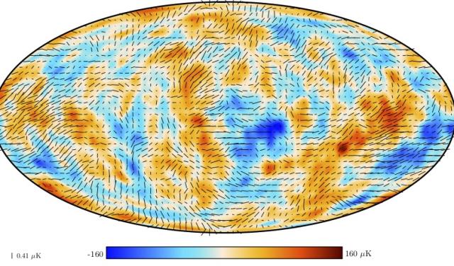 Mapa de fluctuaciones de intensidad y polarización del Fondo Cósmico de Microondas (CMB) proporcionado por el satélite Planck. 