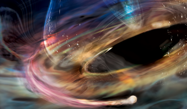 En esta representación artística, una corriente de materia sigue a una enana blanca (esfera inferior derecha) que orbita dentro del disco de acreción más interno que rodea al agujero negro supermasivo de 1ES 1927.Crédito: NASA/Aurore Simonnet, Sonoma State University 