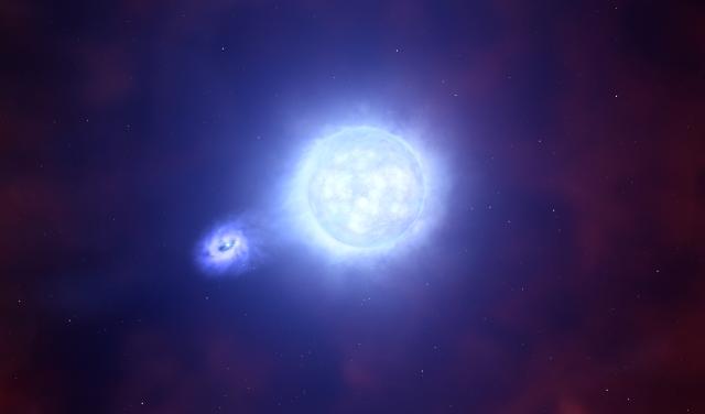 Artist's impression of a binary system in which a compact star steals matter from its companion. Credit: ESO/L. Calçada