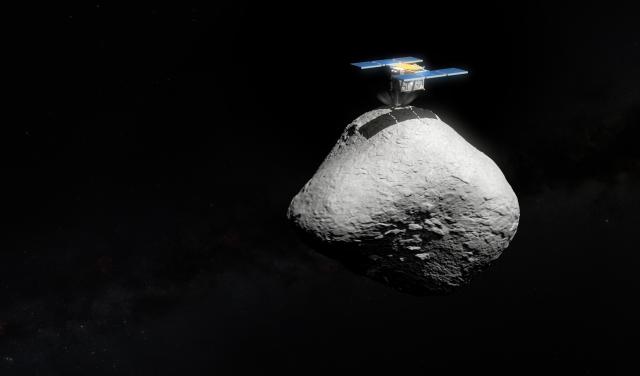 An artist's impression of Japan’s Hayabusa2 space mission touching down on the surface of the asteroid 1998 KY26.