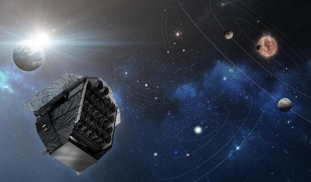 An artist's impression of PLATO, a European mission that will search for Earth-sized exoplanets orbiting neighbouring stars from 2026 onwards. 