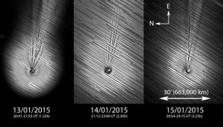 Figura 1.- Formación de chorros (o jets) en el interior de la coma del cometa Lovejoy. Las distintas imágenes son una combinación de una imagen directa (telescopio ASA12N-DDM85, cámara FLI PL 16803 -4k- y sin filtro, Observatorio del Teide, IAC) y una imagen tratada con un filtro Laplaciano para resaltar e identificar los chorros nucleares.