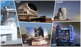 Design of the future five projects of extremely large telescopes, the solar DKIST and EST and GMT and the night TMT EELT. Credit: Julio Castro (IAC) / proprietary institutions of telescopes.