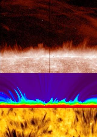 En la imagen superior obtenida con el espectrógrafo IRIS de la NASA, se aprecia en el borde o limbo del Sol la multitud de chorros de materia que salen despedidos de la superficie. En la imagen del centro, el modelo numérico es capaz de reproducir los cho 11803