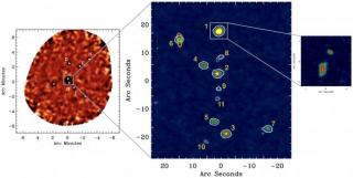 Imágenes del protocúmulo de galaxias llamado "núcleo rojo polvoriento”. Crédito: Oteo et al. 2018, APEX, ALMA, JVLA, ATCA, the Astrophysical Journal. Imágenes del protocúmulo de galaxias llamado "núcleo rojo polvoriento”. Crédito: Oteo et al. 2018, APEX, ALMA, JVLA, ATCA, the Astrophysical Journal.
