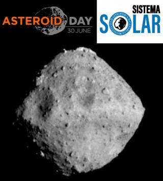 Ryugu asteroid. Poster to illustrate the activities that the Solar System group of the IAC carries out on the Asteroid Day. Background image credit: JAXA.