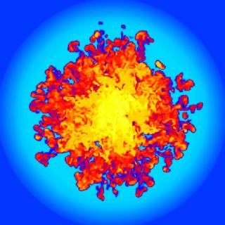 Simulations by supercomputer allow to study the evolution of remnants of supernova and its dust. The image shows a region with a size of around 100 light years and the intricate structure of dust created by a supernova explosion 50,000 years after the exp