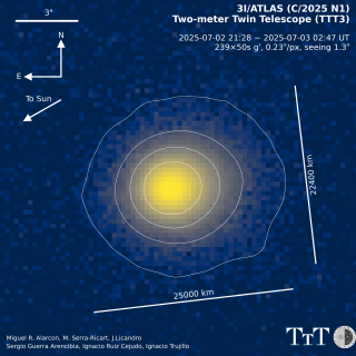 Imagen combinada del cometa interestelar 3I/ATLAS formada por 239 exposiciones de 50 segundos tomadas con el telescopio Two-meter Twin Telescope (TTT3) del Observatorio del Teide. 