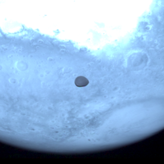 Image of Deimos with Mars on the background, obtained with the HyperScout-H instrument on board the Hera spacecraft 