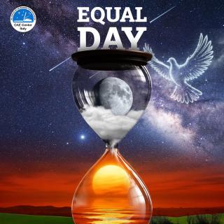 Cartel donde se ve un reloj de arena con una luna y un sol junto a una paloma de la paz