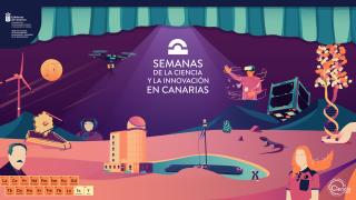 Cartel que muestra varios objetos científicos y tecnológicos, como satélites, telescopios, moléculas de ADN y la tabla periódica sobre un paisaje volcánico