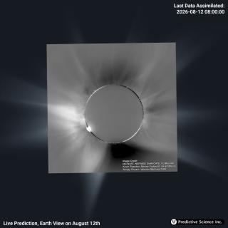 An overlay of the solar corona captured by the NATE team in Palencia during the total solar eclipse on 12 August, superimposed on the latest forecast produced a few hours before the eclipse by the IAC and the Predictive Science Inc group in California using the La Palma supercomputer