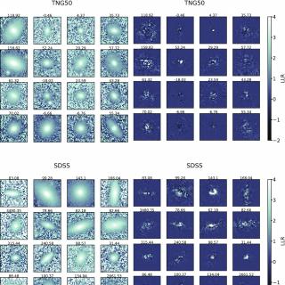 Thumbnails of TNG50 (top left) and SDSS (bottom left) quenched galaxies. The top and bottom right panels show the pixel-wise contributions to the log-likelihood ratio (LLR) for the TNG50 and SDSS galaxies, respectively. See Zanisi et al. (2021) for more details.