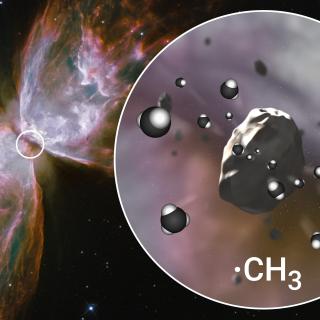Recreación artística de la erosión de granos de carbono amorfo hidrogenado en el toro de polvo de una nebulosa planetaria joven rica en carbono, que libera radicales metilos (CH3) a la fase gaseosa