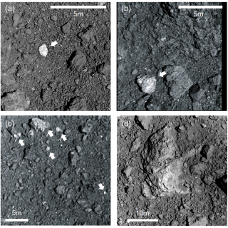 Imágenes de alta resolución de las rocas brillantes en Ryugu Imágenes de alta resolución de las rocas brillantes (flechas) durante las operaciones de proximidad de Hayabusa2. Las imágenes obtenidas durante la operación de la primera recogida de muestras (a-c) muestran fragmentos brillantes más pequeños dispersos por la superficie (adaptado de Figura 1 de Tatsumi et al. 2021).