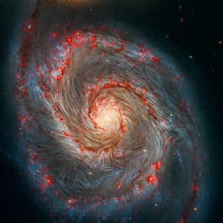 Las líneas de corriente del campo magnético detectadas por SOFIA se muestran sobre una imagen de la galaxia Remolino (M51). Crédito: NASA, el equipo científico de SOFIA, A. Borlaff; NASA, ESA, S. Beckwith (STScI) y el Hubble Heritage Team (STScI/AURA).