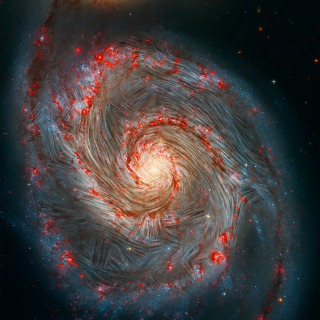 The lines of flow of the magnetic field detected with SOFIA are shown superposed on an image of the Whirlpool Galaxy (M51), by NASA’s Hubble Space Telescope. Credits: NASA, the SOFIA science team, A. Borlaff; NASA, ESA, S. Beckwith (STScI) and the Hubble Heritage Team (STScI/AURA).