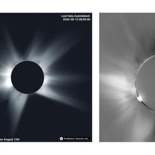 Simulation of the solar corona predicted for the August 12 eclipse, calculated using the La Palma supercomputer for the location of Palencia and the real image captured at Palencia for NATE. Credit: IAC / Predictive Science Inc. (PSI).